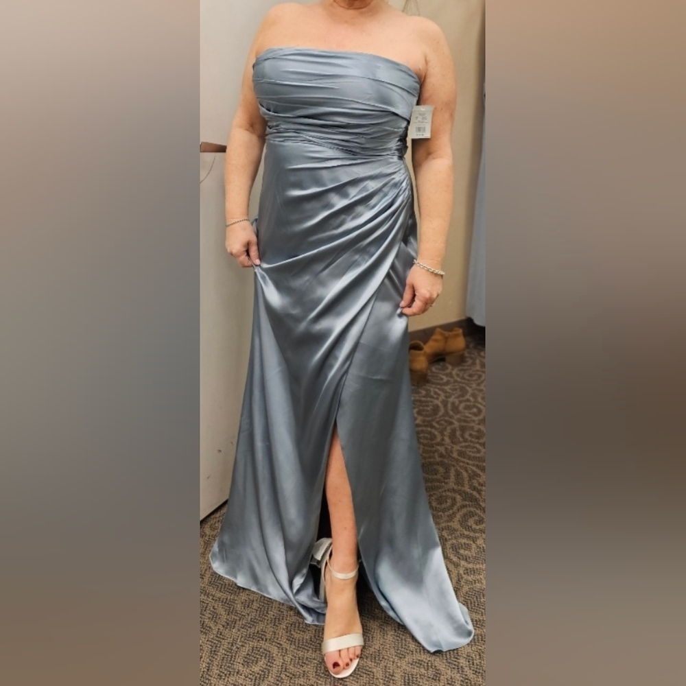 Elegant Strapless Satin Dusty Blue Dress.   My Height 5' 1